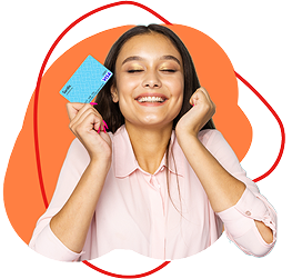 Woman smiling and holding a Vanilla Gift Card