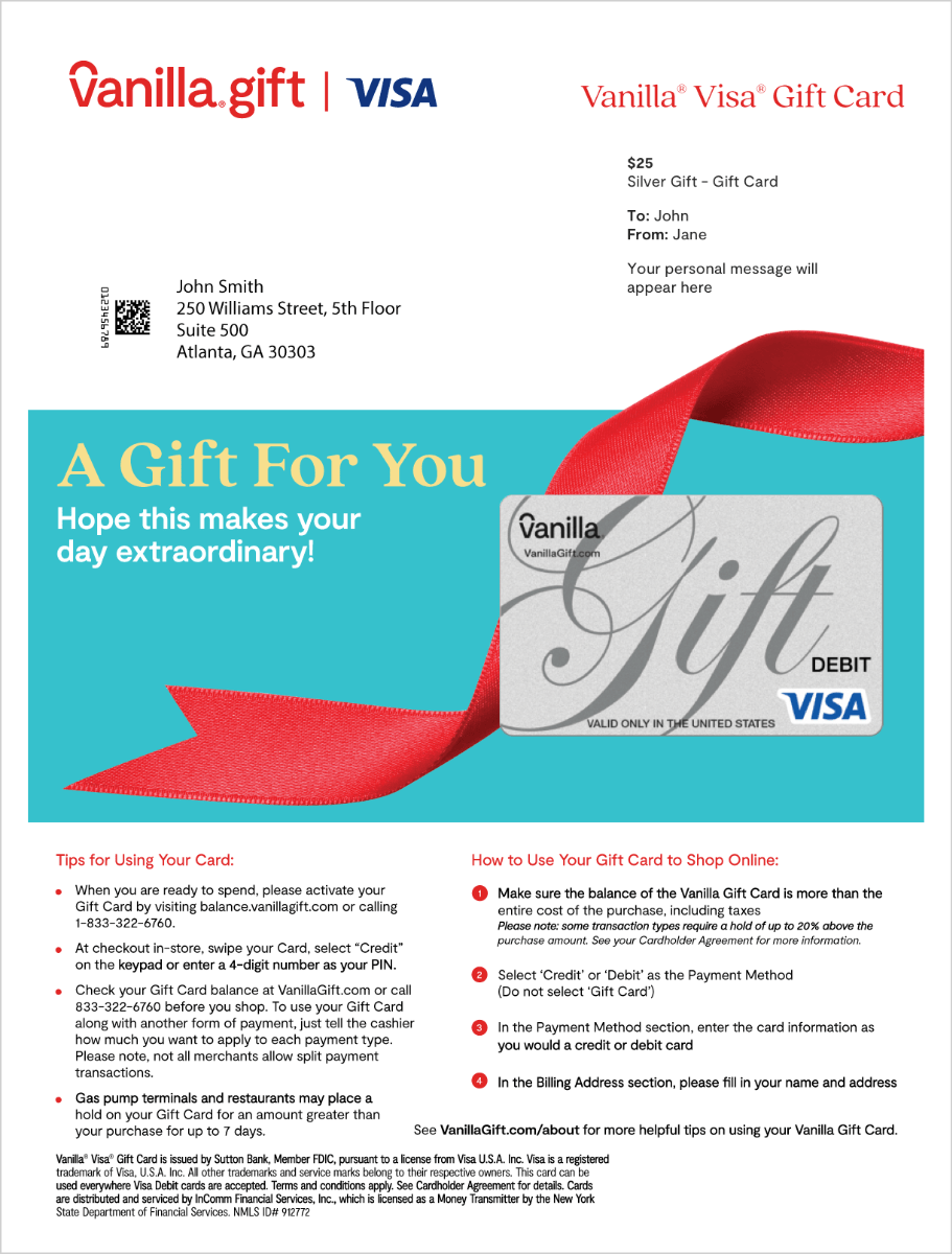 A vanilla gift card with red ribbon