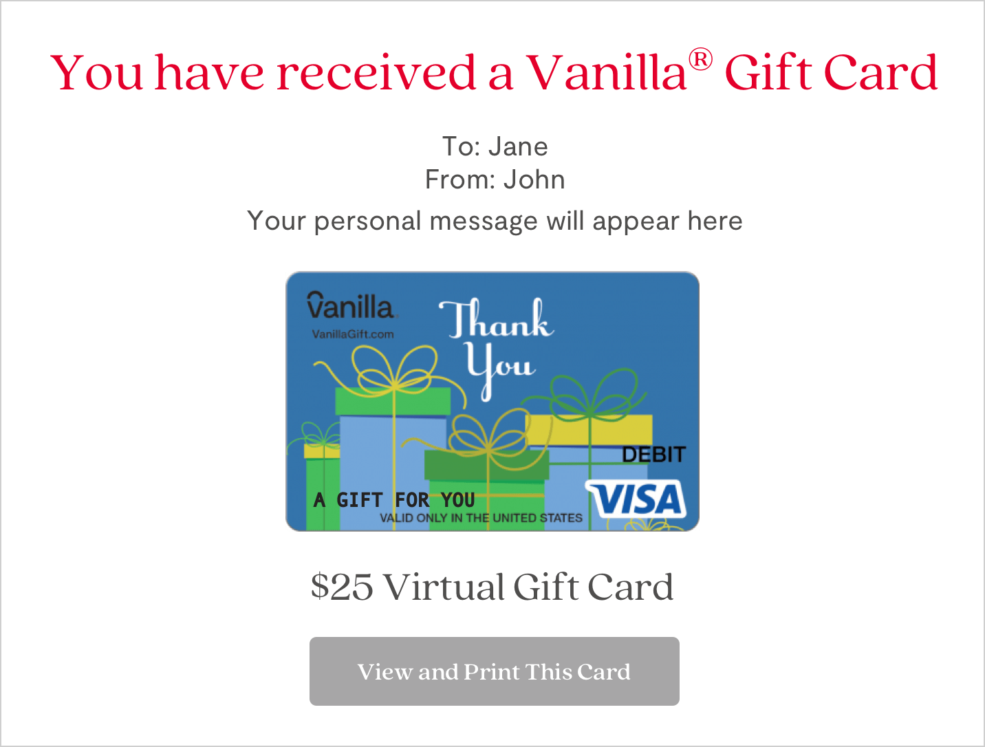 A vanilla gift card is shown on the screen