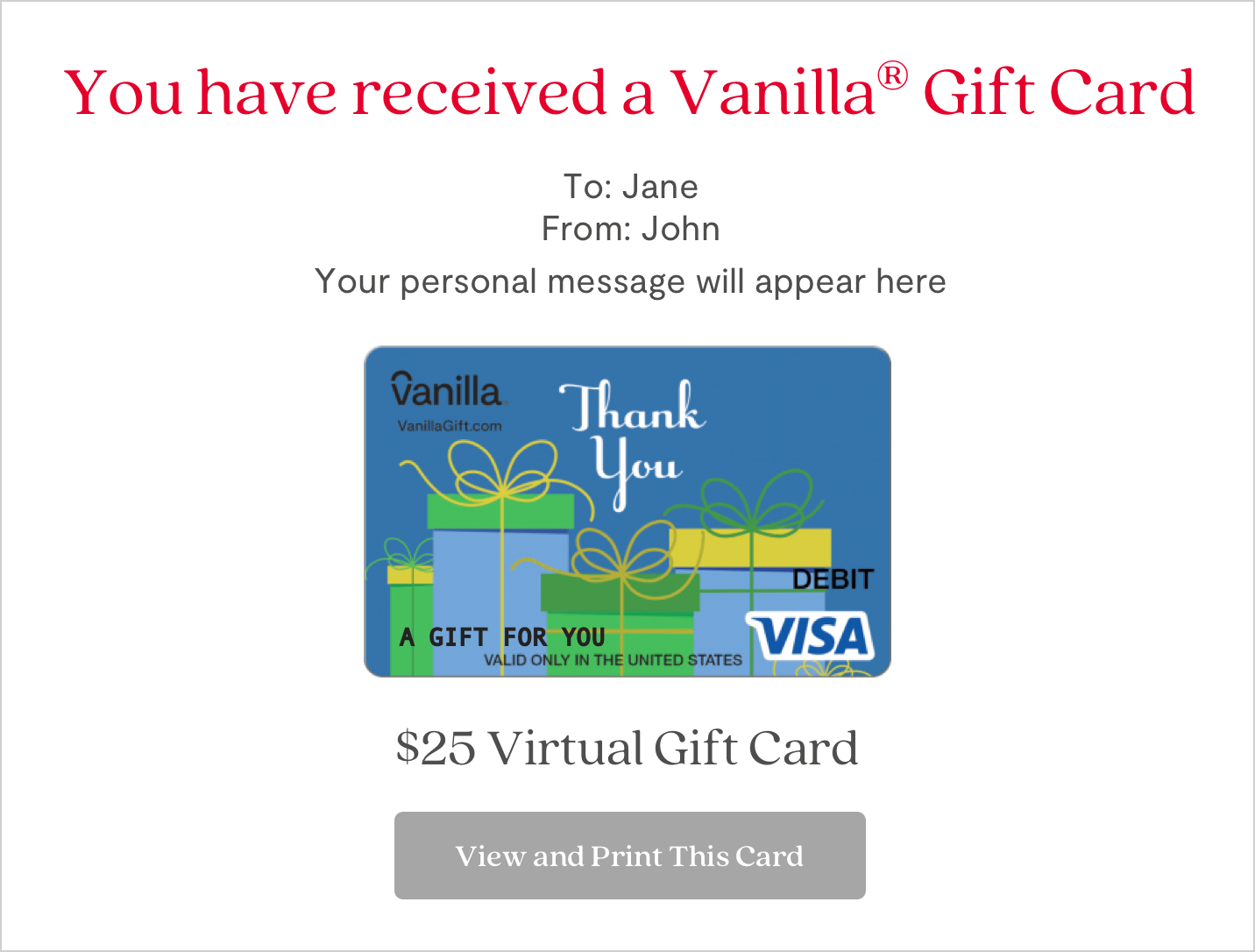 $50 Vanilla Visa Shiny Bow Gift Card